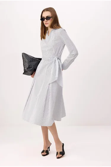 Multi Color Striped Midi Woven Shirt Collar Dress