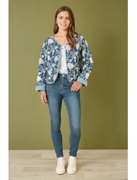 Yumi Blue Patchwork Print Reversible Cotton Quilted Jacket - 1