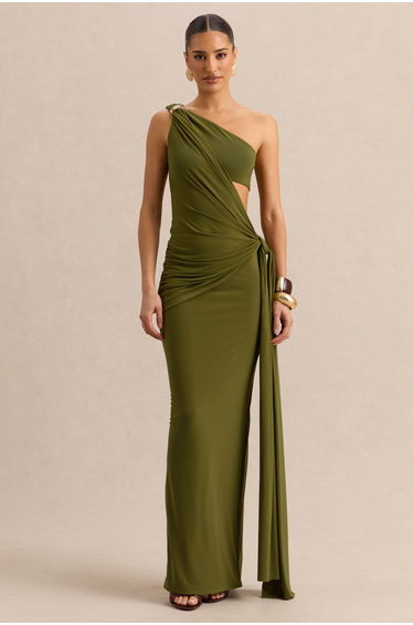 Clarosia | Green Asymmetric-Neck Maxi Dress With Cut-Out With Sash