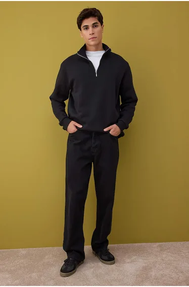 Black Regular Cut Stand Collar Thick Polar Fleece Sweatshirt