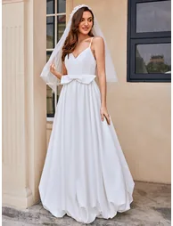 V-Neck Spaghetti Strap A-Line Floor-Length Wedding Dress with Bowknot - 1
