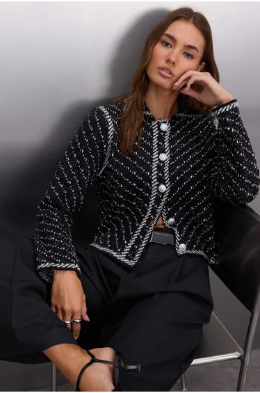 Black Jacket Collar Glittery Knitwear Cardigan