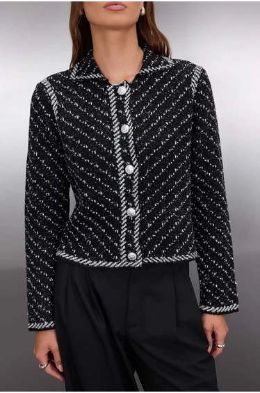Black Jacket Collar Glittery Knitwear Cardigan