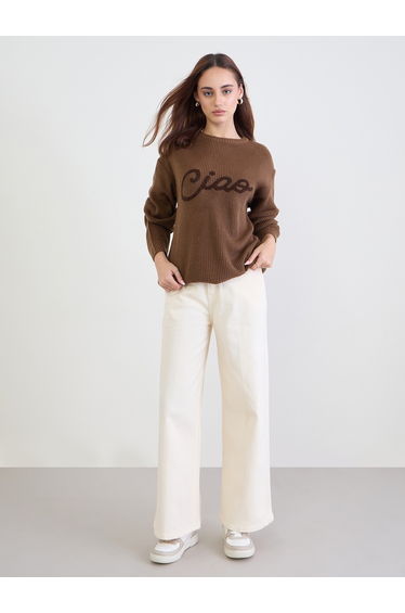 Coffee Brown Regular Fit Embroidered Sweater