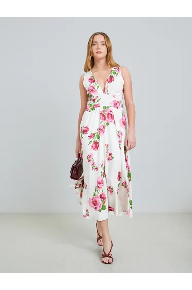 White Floral Print Sleeveless A-Line Maxi Dress