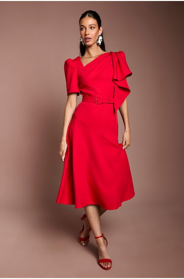 Asymmetric Neckline Short Sleeve Belted Crepe Midi Dress