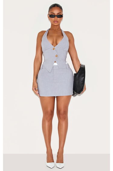 Shape Grey Halterneck Asymmetric Hammered Button Waistcoat
