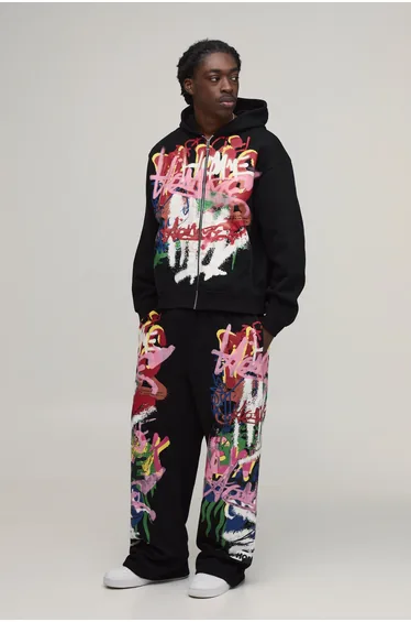 Graffiti Oversized Boxy Zip Through Hooded Tracksuit - black