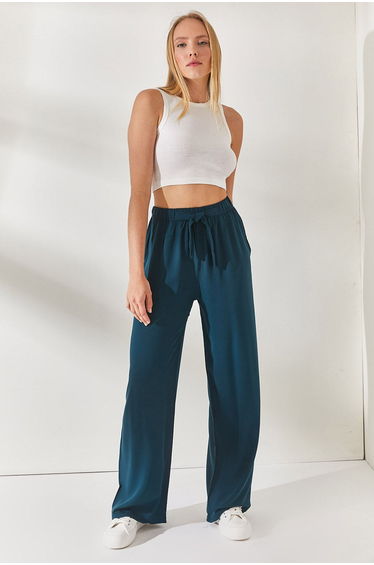 Women's Petrol Blue Belted Woven Viscon Palazzo Trousers