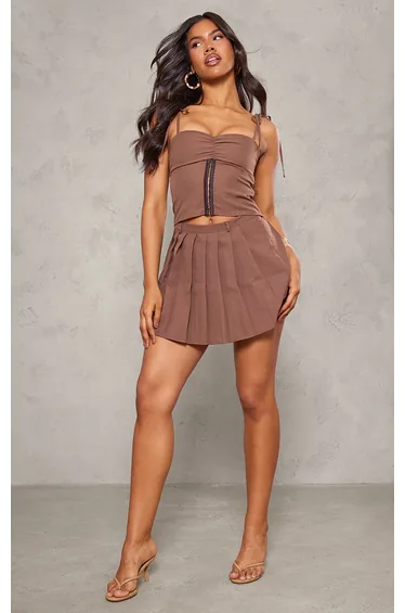 Mocha Stretch Woven Pleated Mini Skirt