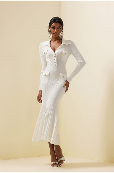 Fernande Jersey Button Midi Dress in White