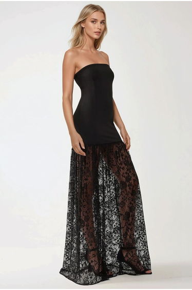 Strapless Maxi Bodycon Dress with Lace Details