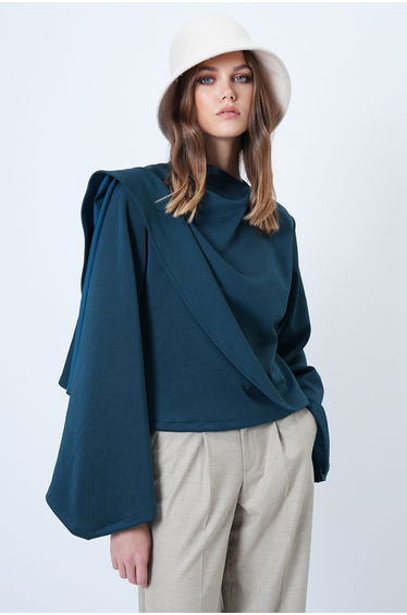 Women's Walnut Green Crew Neck Self-Shawl Detailed Wide Cut Design Blouse