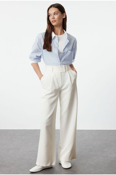 White Waist Detailed Straight Cut Woven Trousers