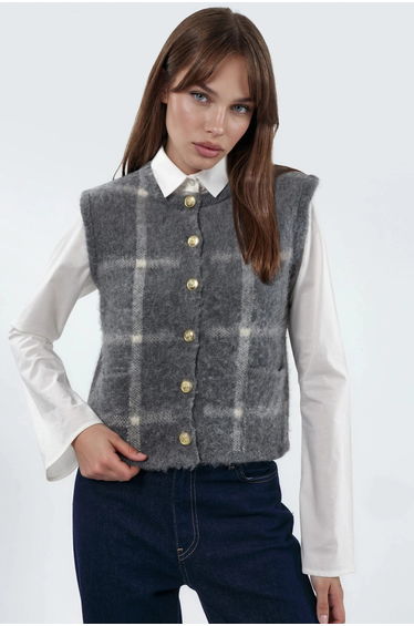 Plaid Crew Neck Sweater Vest with Buttons