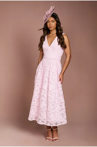 V Neck Organza Lace Full Skirted Dress