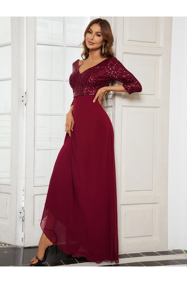 ever LUENA|Sexy V Neck Sequin Evening Dresses with 3/4 Sleeve