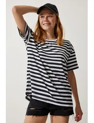 Women's Black Crew Neck Striped Oversize Knitted T-Shirt - 1