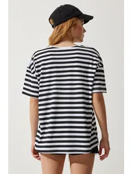 Women's Black Crew Neck Striped Oversize Knitted T-Shirt - 5
