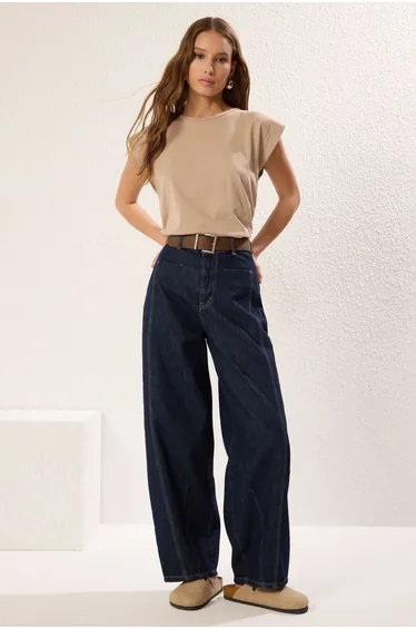Dark Blue Brown Belted Stitch Detail High Waist Barrel Balloon Jeans