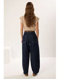 Dark Blue Brown Belted Stitch Detail High Waist Barrel Balloon Jeans - 4