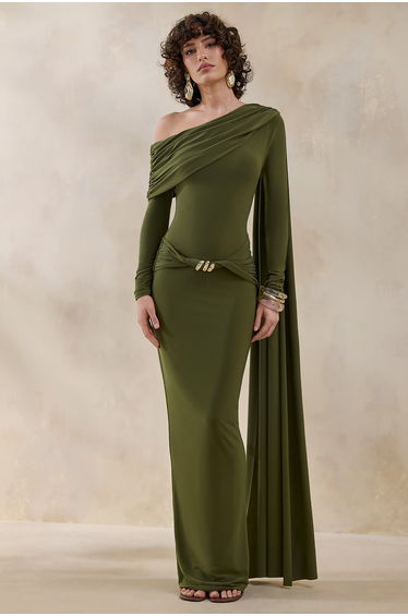 Bessy | Green Asymmetric-Neck Maxi Dress With Gathered-Detailing And Sash