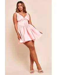 Shape Pink Satin Plunge Front Cinched Waist Skater Mini Dress