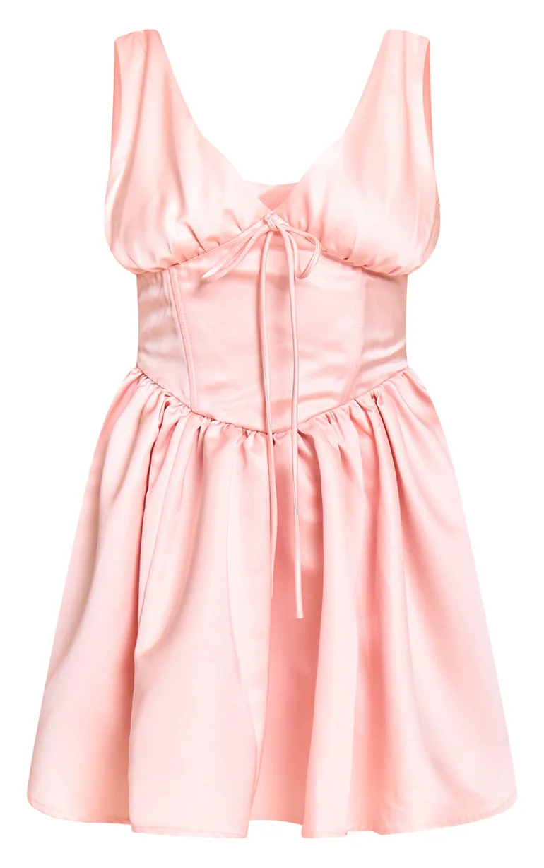 Shape Pink Satin Plunge Front Cinched Waist Skater Mini Dress - 4