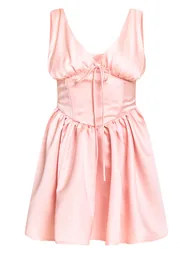 Shape Pink Satin Plunge Front Cinched Waist Skater Mini Dress - 4