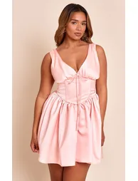 Shape Pink Satin Plunge Front Cinched Waist Skater Mini Dress - 5