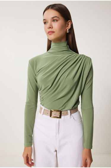Women's Green Gather Detailed Stand Collar Sandy Top