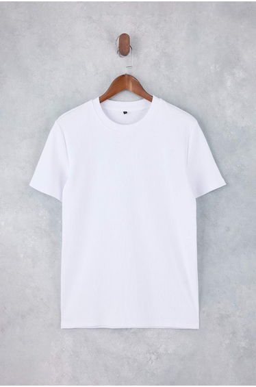 White Regular/Normal Cut Textured Ribbed Knit Basic T-Shirt