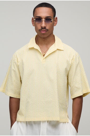 Oversized Short Sleeve Poplin Stripe Polo Shirt - yellow