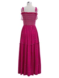 Floret Embroidery Tie-Shoulder Shirred Dress in Hot Pink - 10