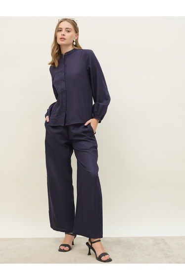 Navy Blue Pintuck Detail Slub Shirt and Pants Co-Ords