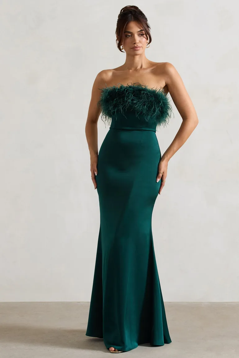 Shop Dress For It | Bottle Green Satin Feather Trim Maxi Dress Online in  Kuwait