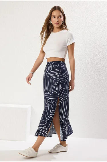 Dark Navy Blue Patterned Slit Detail Viscose Midi Woven Skirt