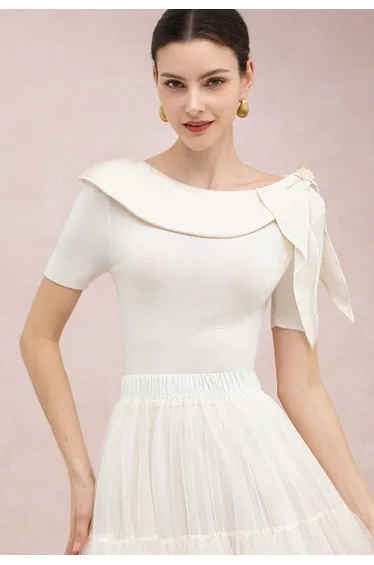 Satin Panel Beaded Bowknot Shoulder Knit Top in Ivory for Dinner Dates & Elegant Getaways