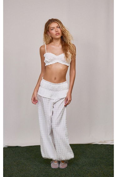 White Textured Crinkle Shirred Waistband Balloon Trousers