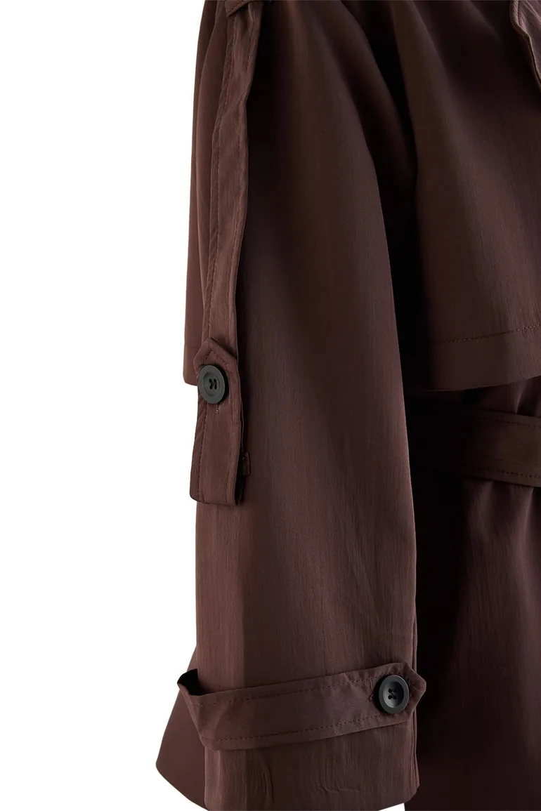 Brown Double-Breasted Tie-Fastening Midi Trench Coat - 2