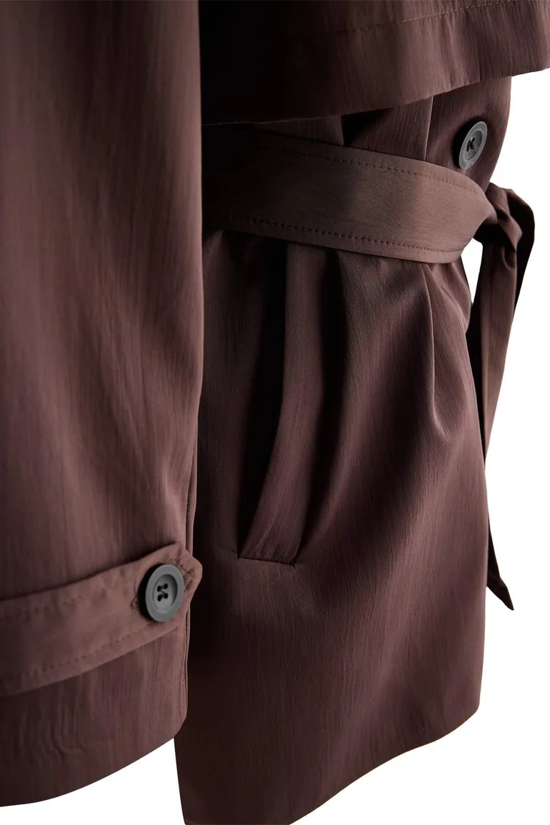 Brown Double-Breasted Tie-Fastening Midi Trench Coat - 3