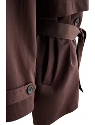 Brown Double-Breasted Tie-Fastening Midi Trench Coat - 3