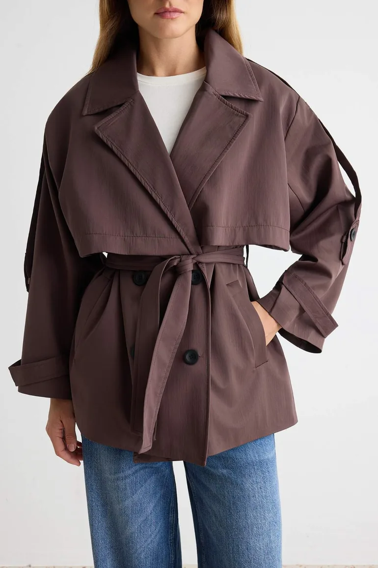 Brown Double-Breasted Tie-Fastening Midi Trench Coat - 6