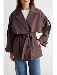 Brown Double-Breasted Tie-Fastening Midi Trench Coat - 6