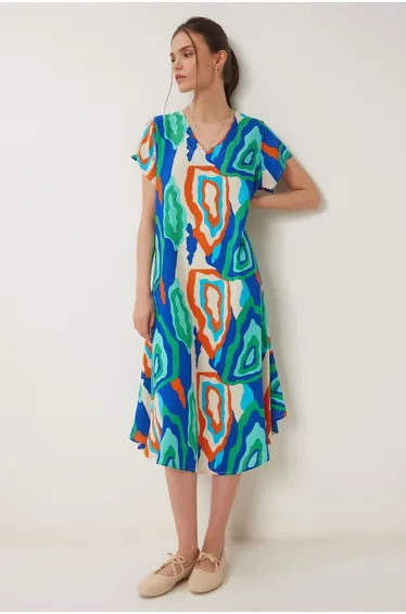 Women's Blue Green Patterned Summer Midi Dress