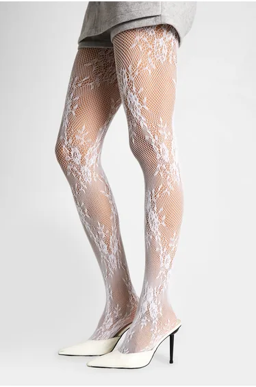 White Floral Lace Fishnet Tights - white