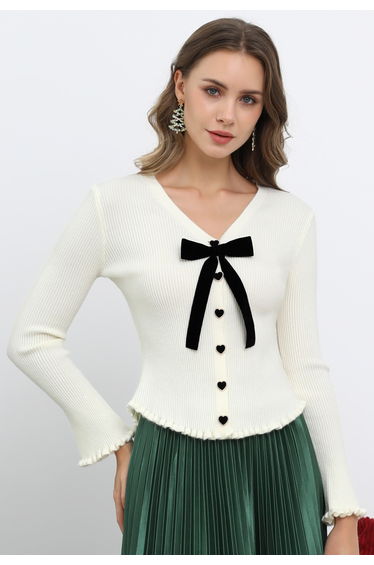 Velvet Bow Brooch Heart Buttoned Knit Top in Ivory