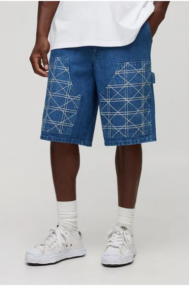 Regular Fit Carpenter Contrast Stitch Denim Jorts - mid blue