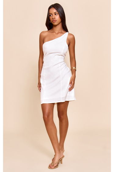 Petite White Woven One Shoulder Twist Detail Mini Dress