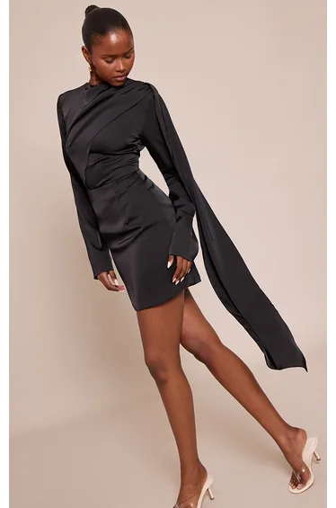 Black Satin Scarf Detail Long Sleeve Mini Dress